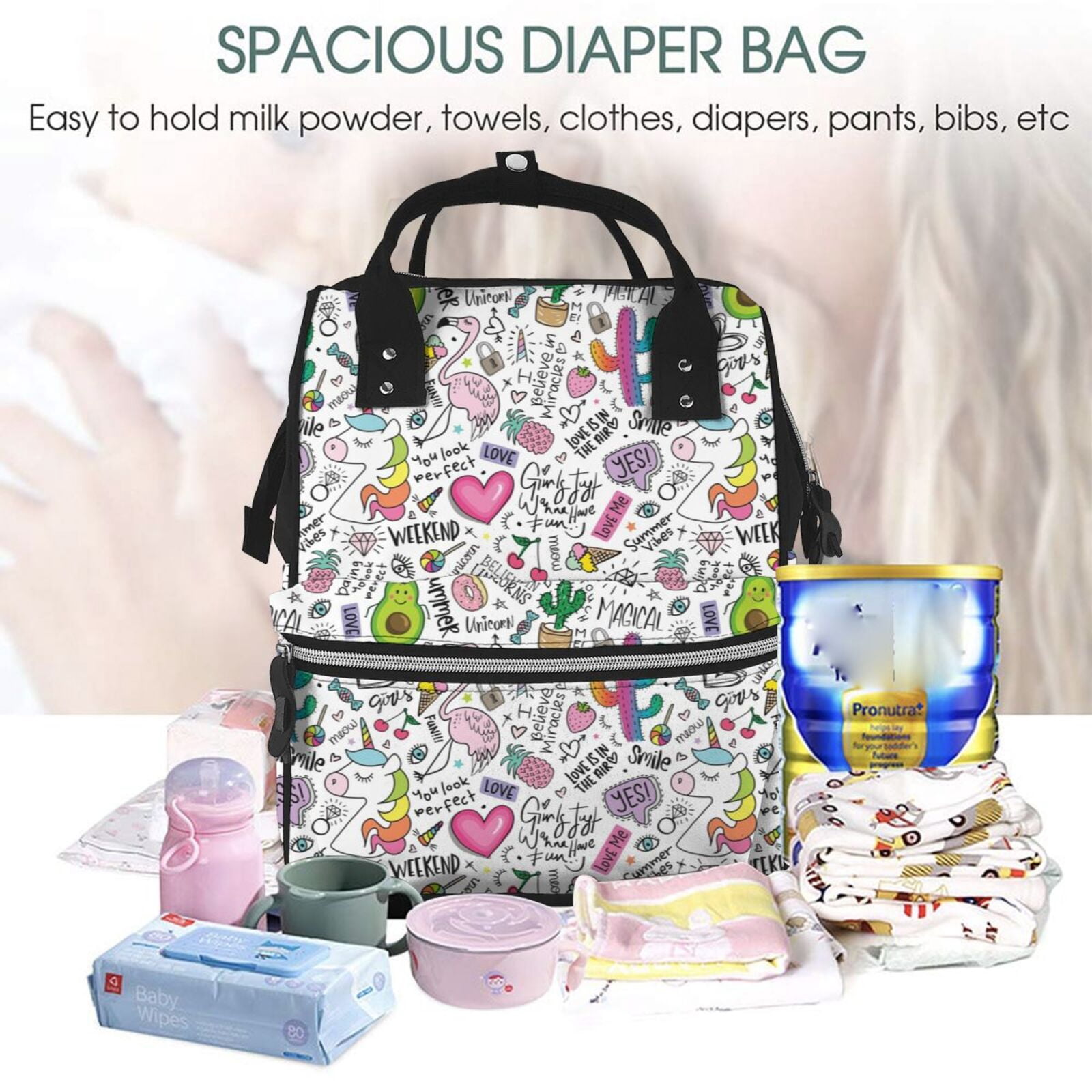 Ratiio Fun Animal with Unicorn Mummy Backpack - Waterproof Twill Canvas, Large Capacity Diaper Bag with Multiple Pockets and Adjustable Straps