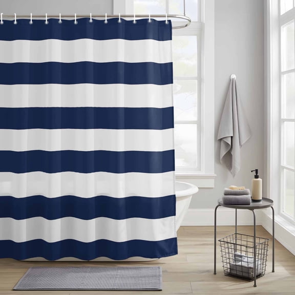 Bathroom Shower Curtain Nautical Striped Navy Blue and White Waterproof Shower Curtains with Hooks, Stripes Bath Curtains Bathtub Curtain Home Decor 36x72in