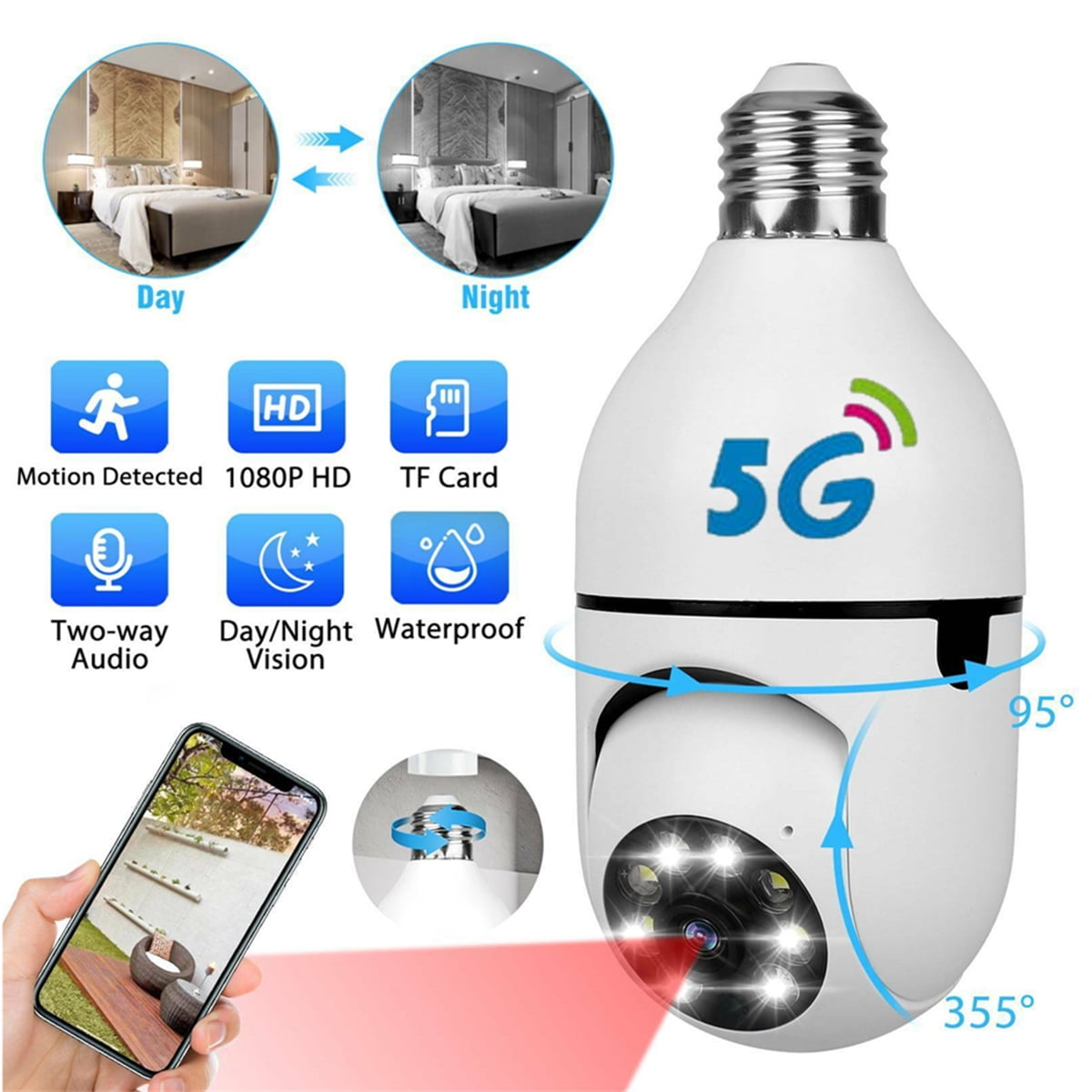 Wireless E27 Light Bulb Camera，1080P HD Nanny Cam，Remote Monitoring 360