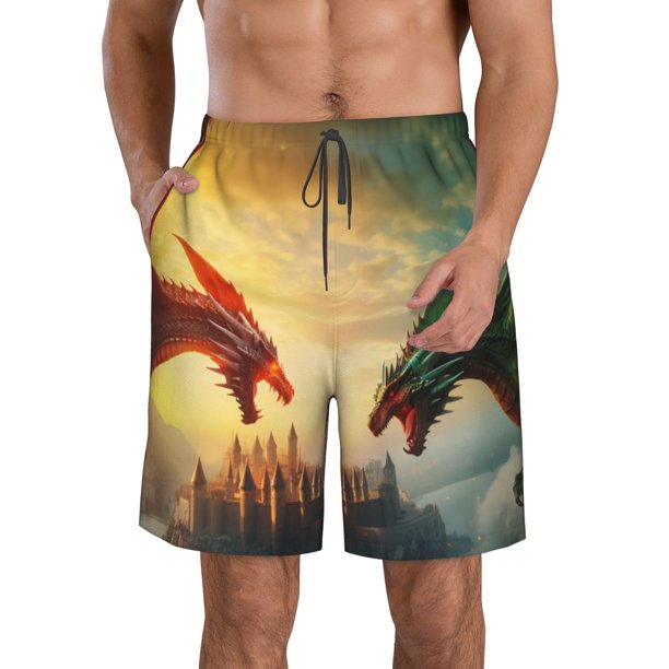 Balery Castle Red Green Sky Dragon Traje de Baño Estilo Hawaiano para Hombre, Shorts de Secado Rápido con Bolsillos-XX-Large