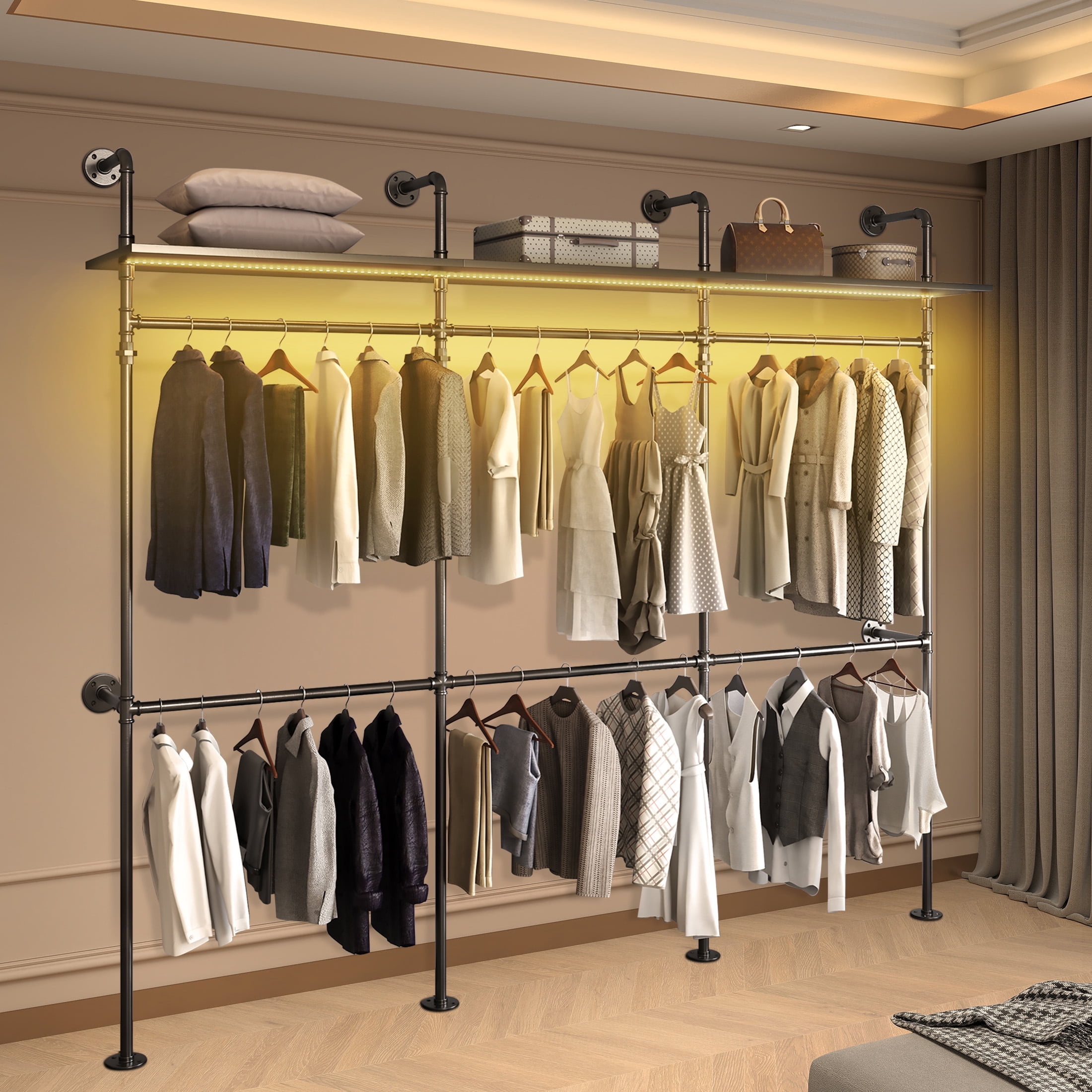 Aukfa 118" Industrial Pipe Clothing Rack with Lights, Shelves, Walk-in Closet System, Wardrobe Rack