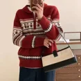 thumbnail image 2 of Suéter de punto con solapa roja vintage para mujer, suéteres de punto de jacquard informales a la moda para otoño e invierno, para Navidad y Año Nuevo, 2 of 5