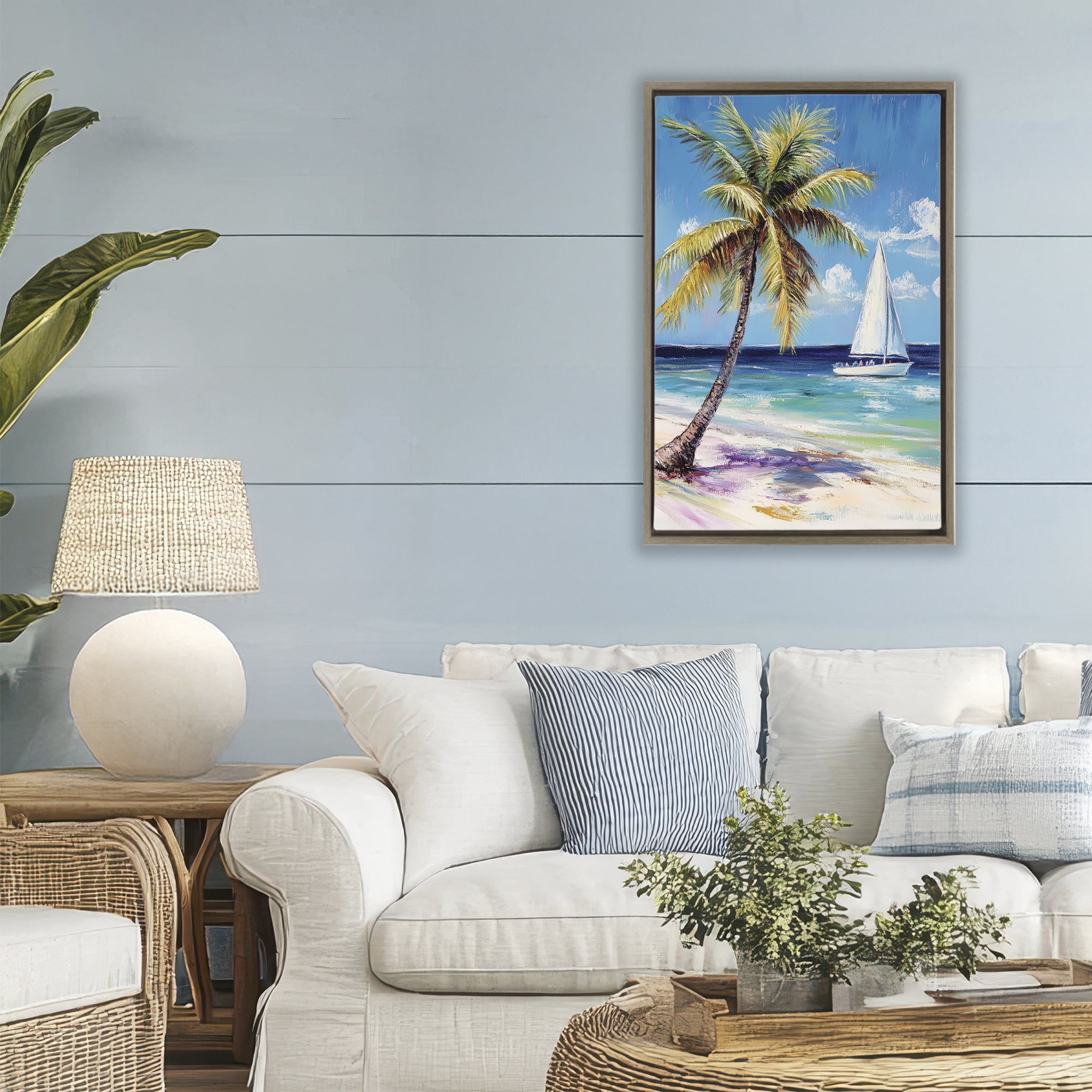 Stupell Industries Sailboat Delight with Palm Tree Brown Framed Floater Canvas Wall Art, design by Petal Prints Design