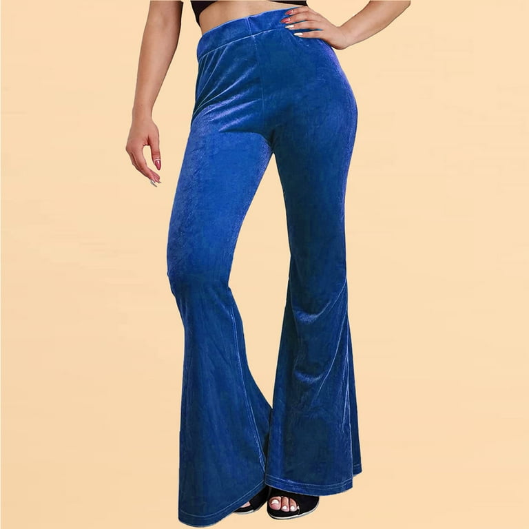 YYDGH Women Velvet Flare Pants High Waist Bell Bottom Long Pants Casual  Summer Solid Color Trousers Blue Blue
