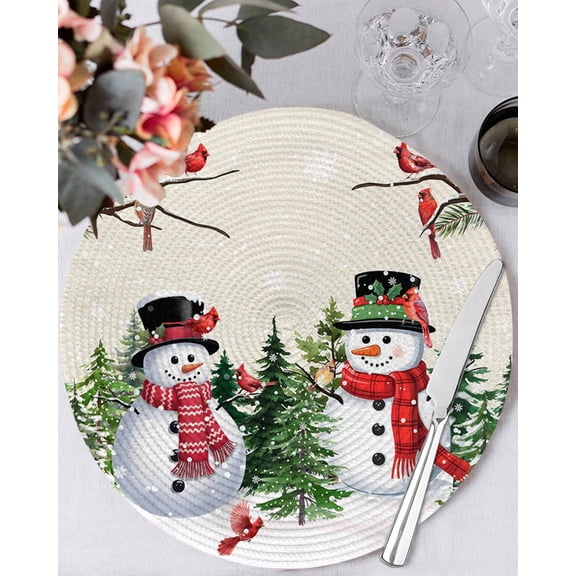 13 Inch Round Placemats Set of 6, Beige Snowman Christmas Non Slip Heat Insulation PP Table Mats, Xmas Tree Snowflake Winter Birds Washable Place Mats for Kitchen Dining Party Table Decor