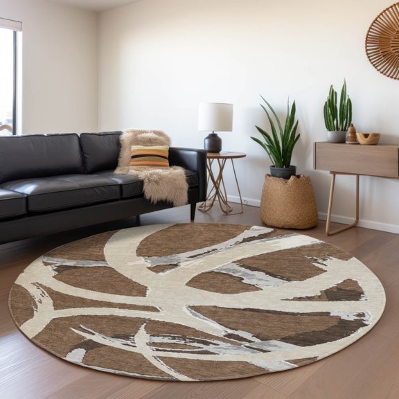 Addison Rugs Mayfield Premium Machine Washable Transitional Circles Brown Round Rug, 8' x 8'