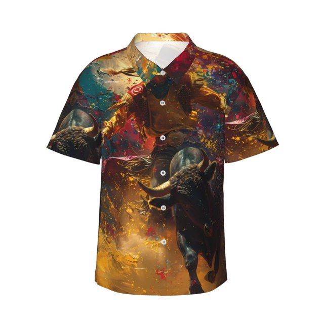 Fotbe Colorful Bull Western Man Camisa Hawaiana para Hombre Unisex – Camisa Casual de Verano con Botones de Manga Corta de Algodón y Lino,Small