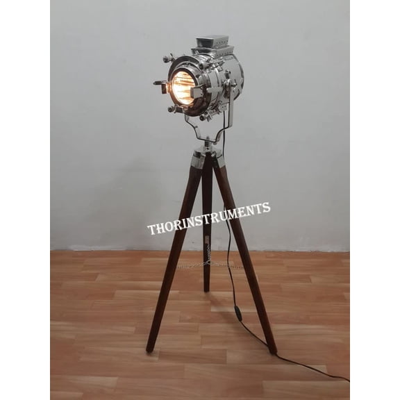 Vintage Nautical Royal Designer Search Light Spotlight Lighting Wooden Mini Floor Tripod Lamp Stand