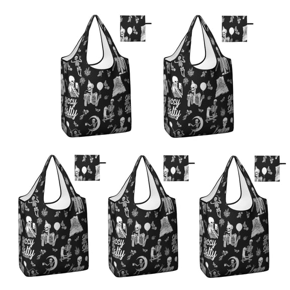5 Pack Foldable Shopping Bag,Halloween Skeleton Fun Pattern Reusable Grocery Bags with Pockets,Large Reusable Tote Bags with Handles Waterproof & Lightweight