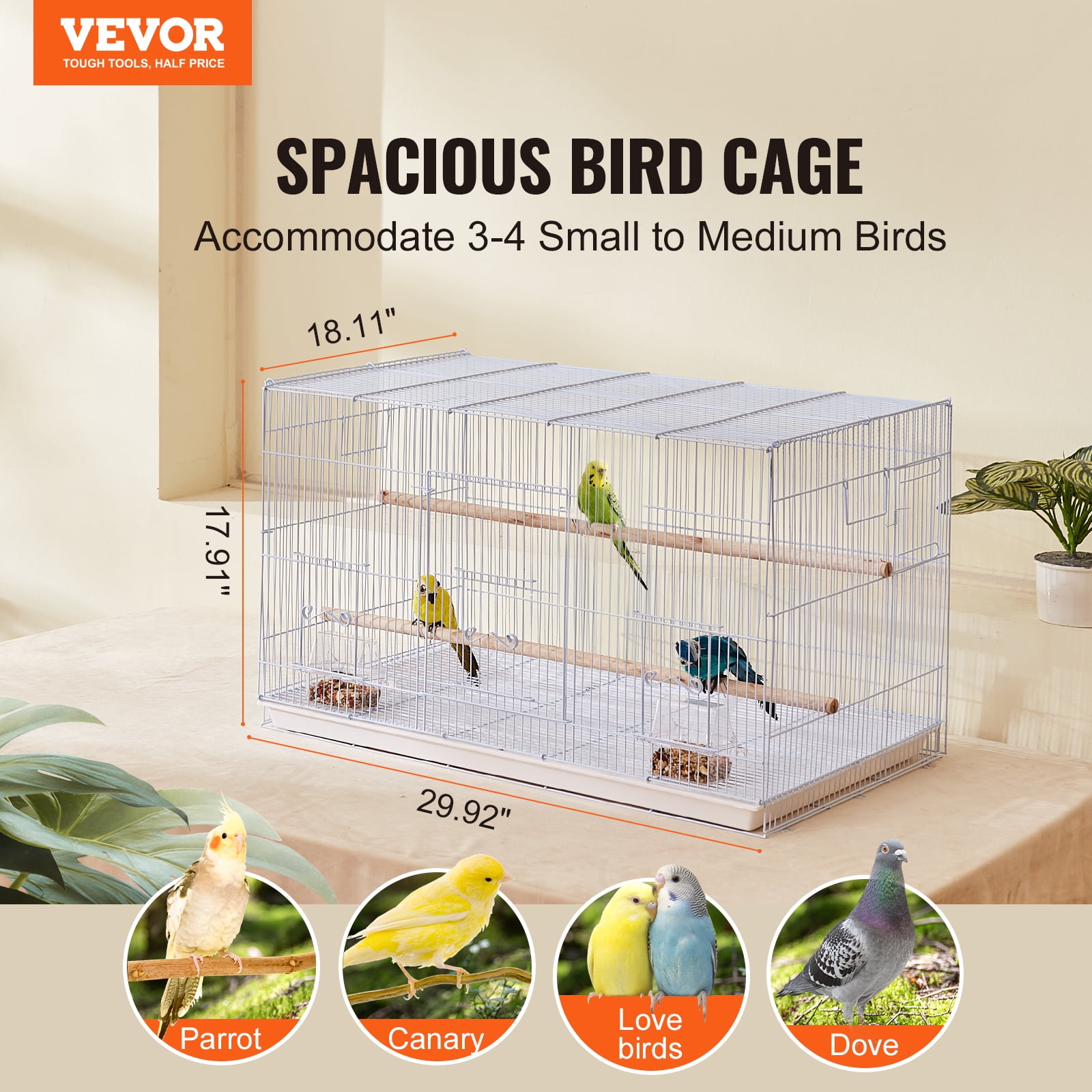 VEVOR 30" Flight Bird Cage, Sturdy Metal Small Parrot Cage with Slide-Out Tray & Handle, Stackable Birdcage for Parakeets Cockatiels Finches Lovebirds