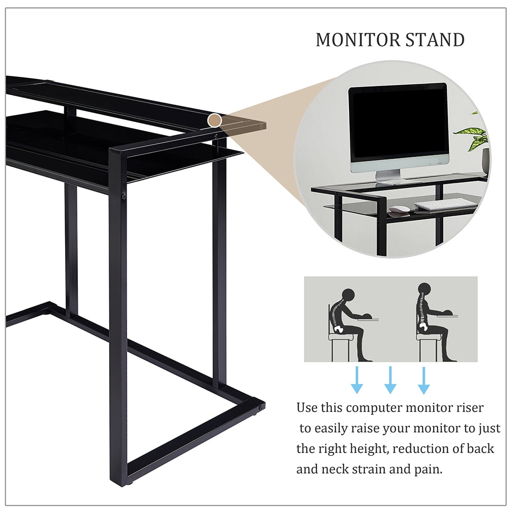 Lowestbest 56" Home Office Computer Desk, L-Shaped Glass Desk with Shelf, Round Corner Glass Workstation Desk, Black Lowestbest 56" Home Office Computer Desk, L-Shaped Glass Desk with Shelf, Round Corner Glass Workstation Desk, Black