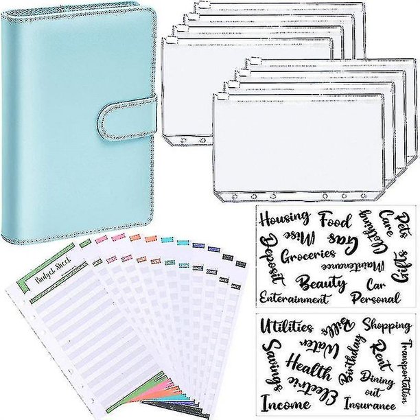 Carpeta A6 Planificador de presupuesto Cubiertas de cuaderno Tamaño de carpeta Bolsillos de 6 orificios Cremallera de plástico Sobre de ahorro de dinero / Azul / Afortunado Sencillez