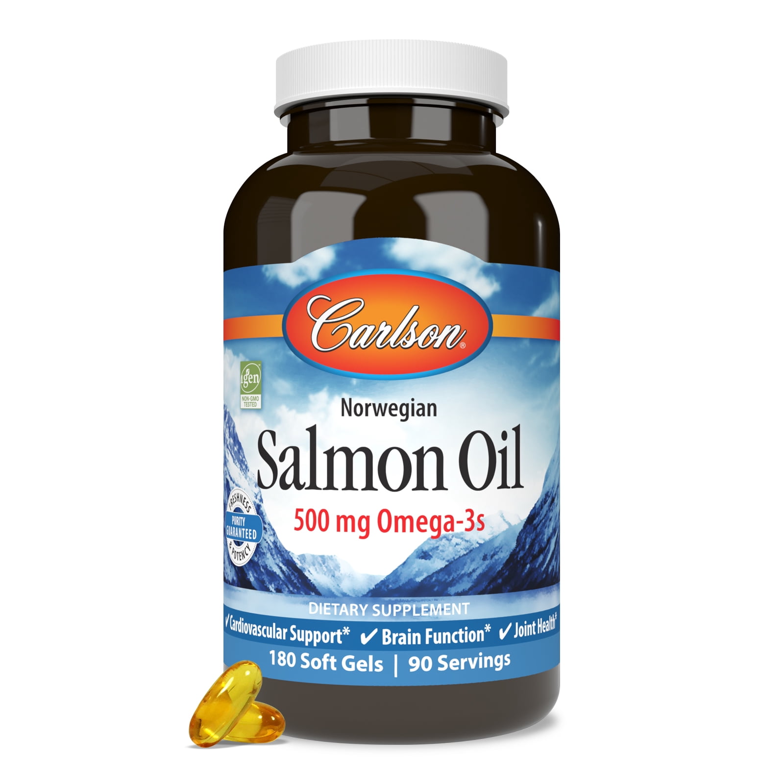 Carlson - Norwegian Salmon Oil, 500 mg Omega-3s, Norwegian, Wild Caught, Sustainably Sourced, 180 Softgels