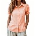 thumbnail image 7 of ClodeEU Women's Lapel Puff Short Sleeve Plaid Button Down Shirt,Slim Vintage Summer Blouse Top Orange,Women's Plus XXL, 7 of 7