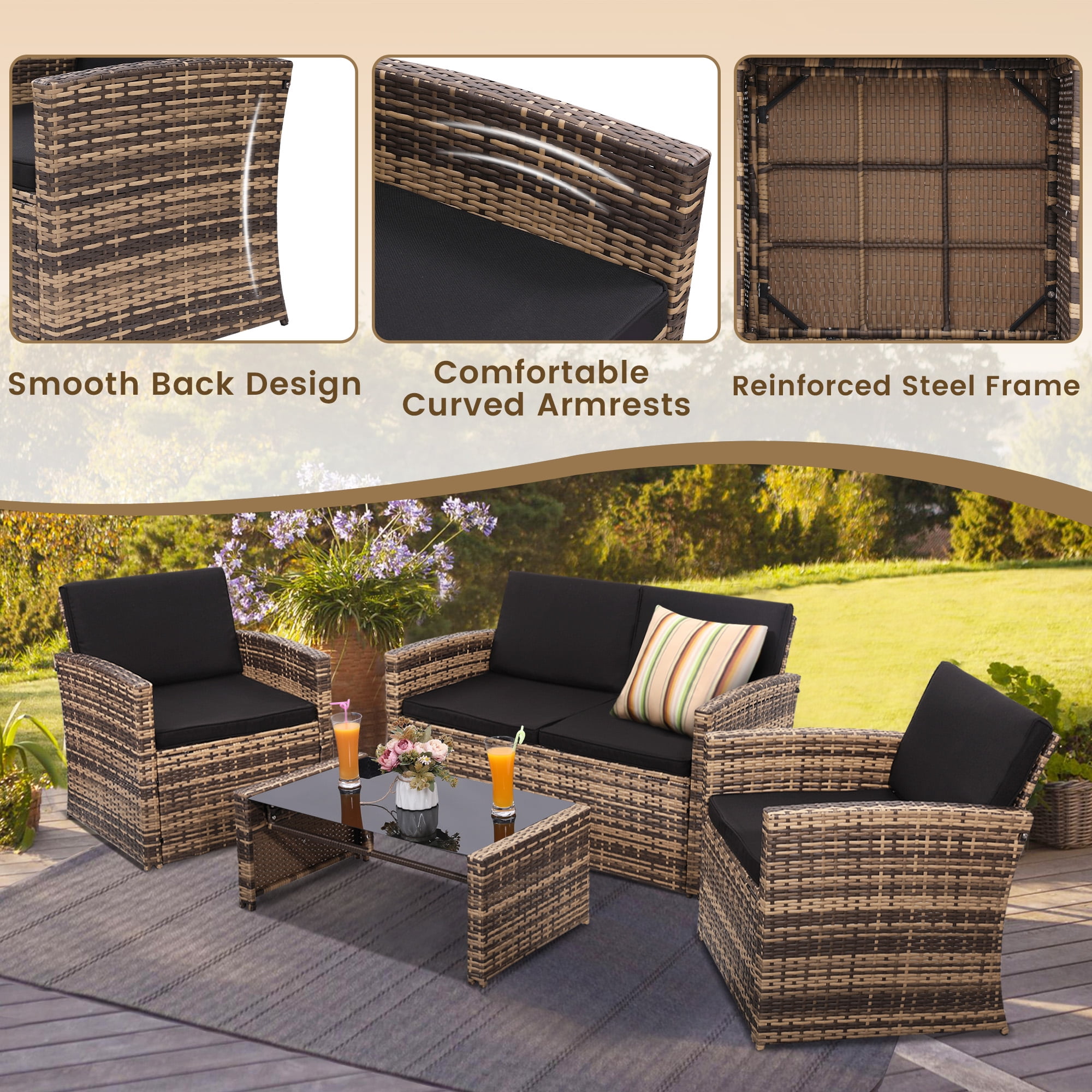 TUAREX Outdoor 4 Piece Wicker Patio Furniture Set, Waterproof Rattan Sectional Sofa with Thick Cushions, Perfect for Patio, Garden, Porch & Backyard, Natural Rattan and Black Cushion