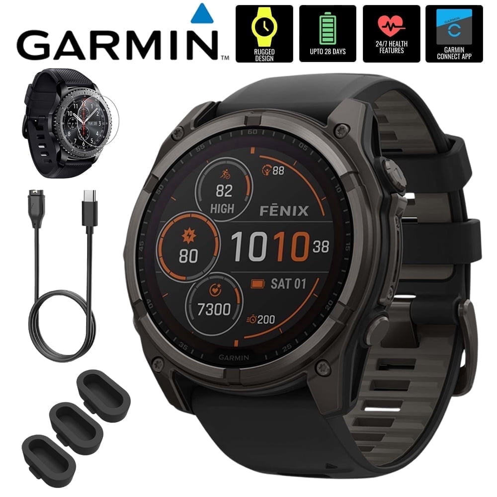 Garmin 010-02907-10 Fenix 8 51mm Smartwatch Solar Sapphire, Carbon Gray DLC Titanium w/ Black/Pebble Gray Band Bundle with Screen Protector, 3x Silicone Dust Cover & USB Type C Charging & Sync Cable