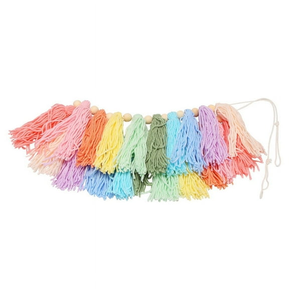 37Inch Pastel Rainbow Tassel Garland with Wood Bead Colorful Tapestry for Bedroom Wall Classroom Nursery Decor