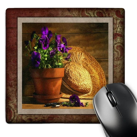 3dRose, Purple Pansies and Straw Hat, MousePad