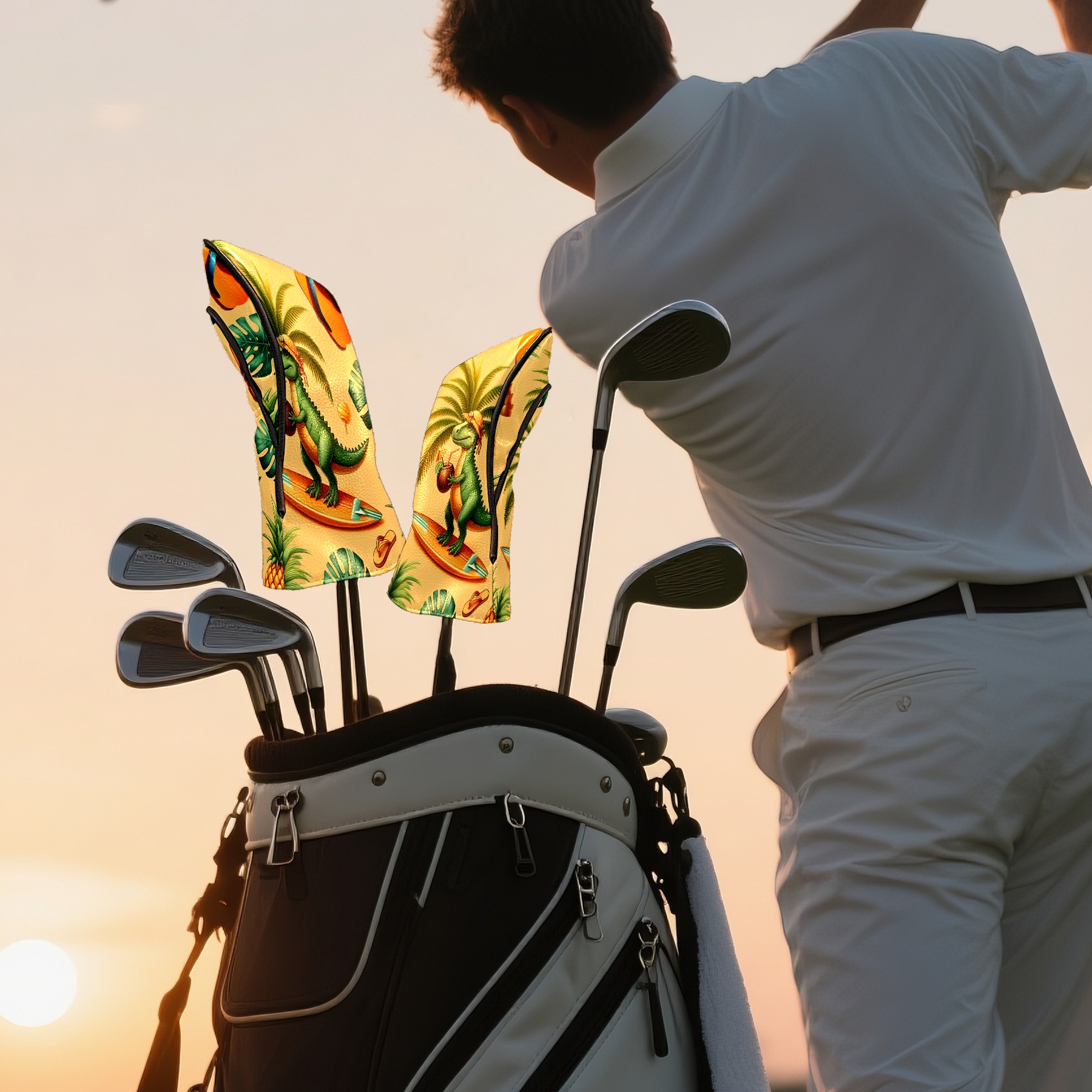 Golf Club Covers, Yellow Dino Surf Premium PU Leather Driver Hybrid Putter Head Covers with Velvet Lining, Waterproof Golf Gifts for Men Women