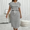 thumbnail image 5 of ZVNAΖH Womens Plus Size Summer Dresses Casual Crew Neck Bat Short Sleeve Striped Drawstring Waist Maxi Dress, 5 of 5
