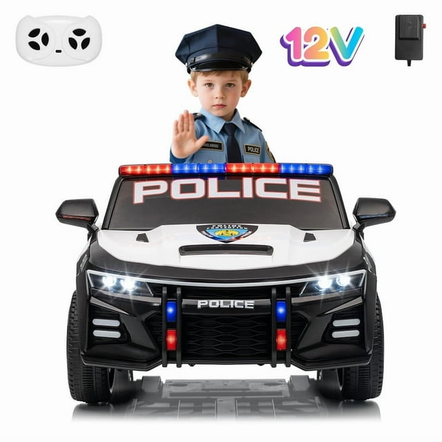 12V Kids Police Ride-On Car with Remote Control, Sirens, LED Lights, Bluetooth, and Safety Belt – Electric Cop Car Toy