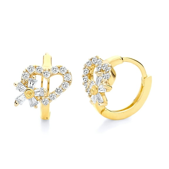 Wellingsale Ladies 14k Yellow Gold Polished CZ Heart Huggies Hoop Earrings
