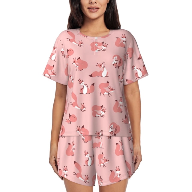 Balery Fox Conjunto de Pijama para Mujer con Estampado, Dos Piezas de Manga Corta y Shorts, Ropa de Dormir Suave con Cuello Redondo y Bolsillos-X-Large