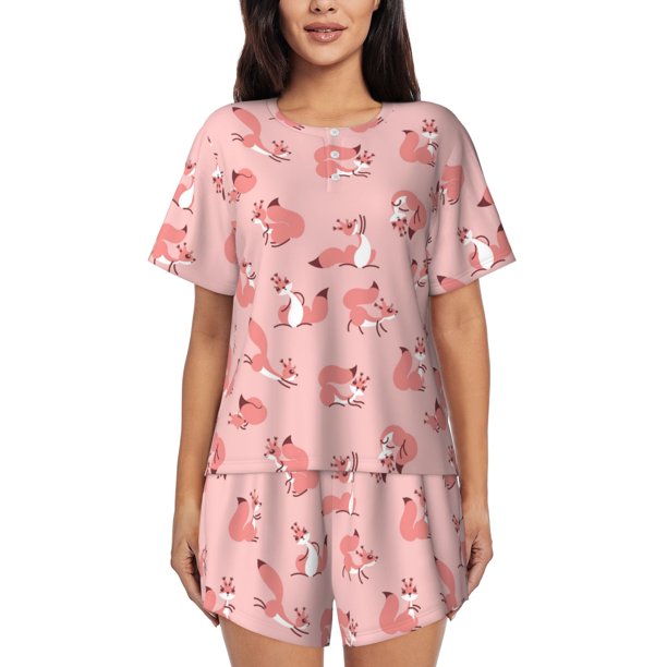 Balery Fox Conjunto de Pijama para Mujer con Estampado, Dos Piezas de Manga Corta y Shorts, Ropa de Dormir Suave con Cuello Redondo y Bolsillos-Medium