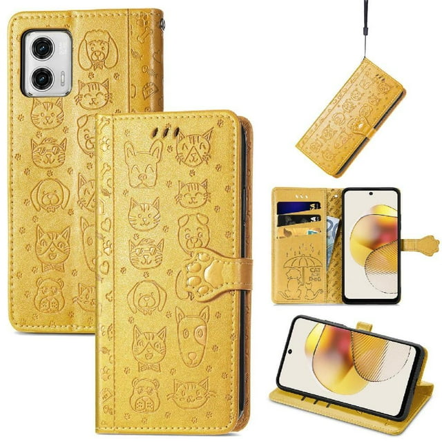 Funda Cartera FOXDOCK para MOTO G73 , Flip PU con Relieve de Gatos y Perros, Tarjetero y Soporte