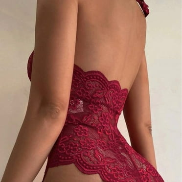 Ladies Lace Bodysuit Halter Neck Tulle Burgundy Ladies Underwear