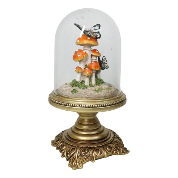 Toadstool Mushrooms Forest and Monarch Butterflies in Glass Cloche Figurine 11"H