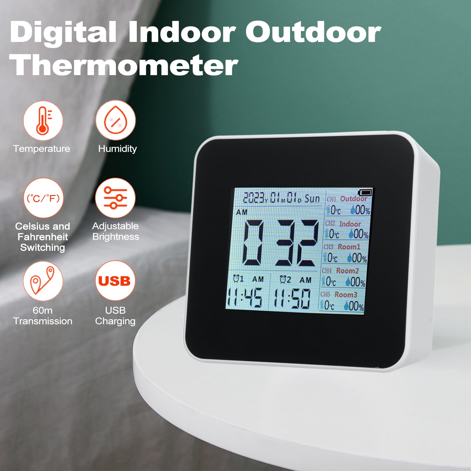 Weather clock,Clock Temperature Indoor Thermometer With Thermometer Temperature Weather Clock 13-in-1 Indoor With 60m With 3 Remote Temperature With Temperature 13-in-1 With Clock Indoor