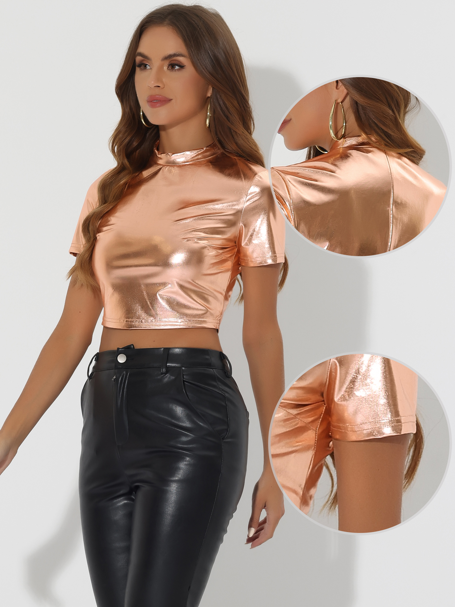 DARING DIVA Women's Mock Neck Short Sleeve Metallic Crop Tops T-Shirts M Beige