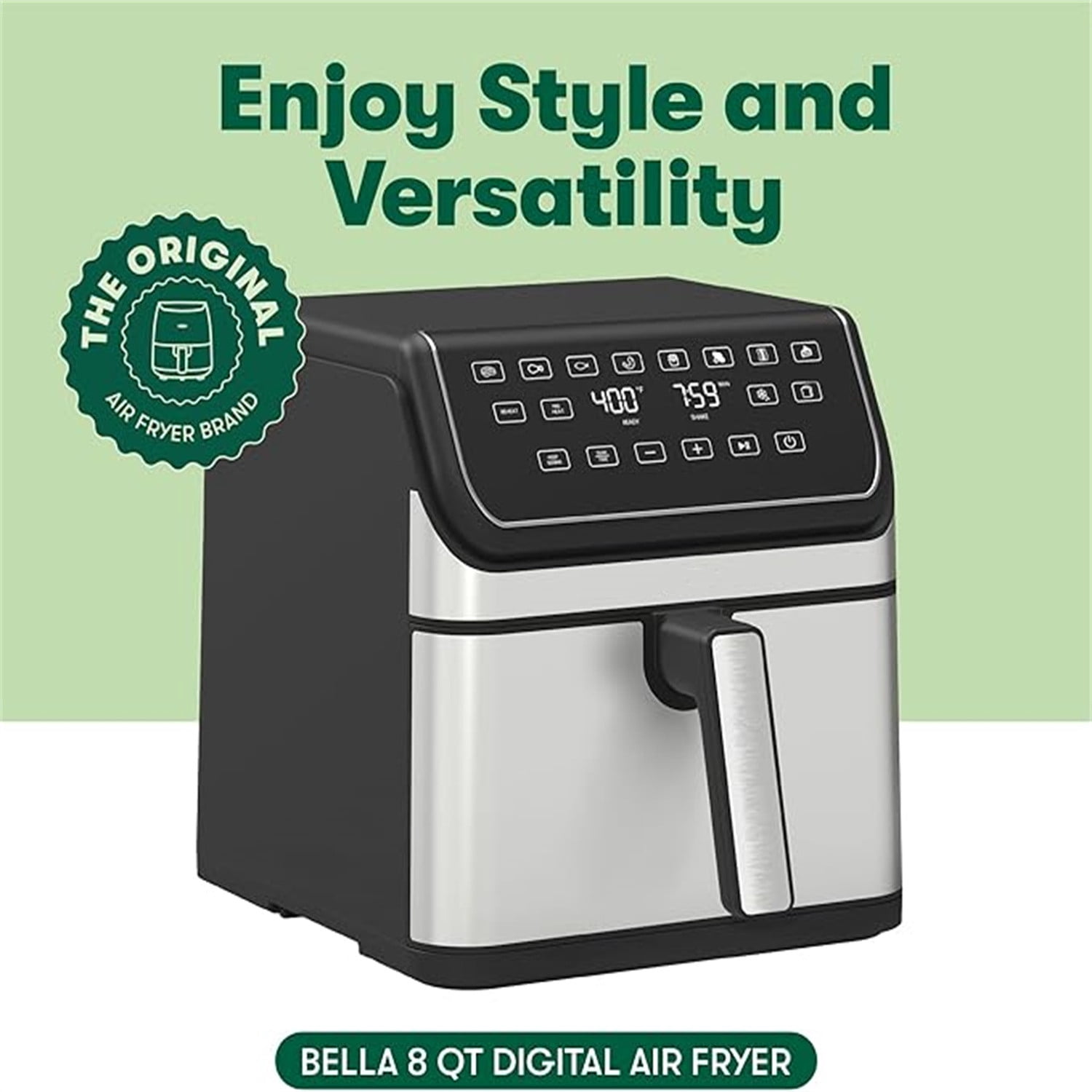 bella 8 Qt Digital Air Fryer with Technology, Large Family Size Nonstick Cooking Basket and Crisping Tray, Multiple Preset Functions, Auto Shutoff, Stainless Steel, 1750 Watt