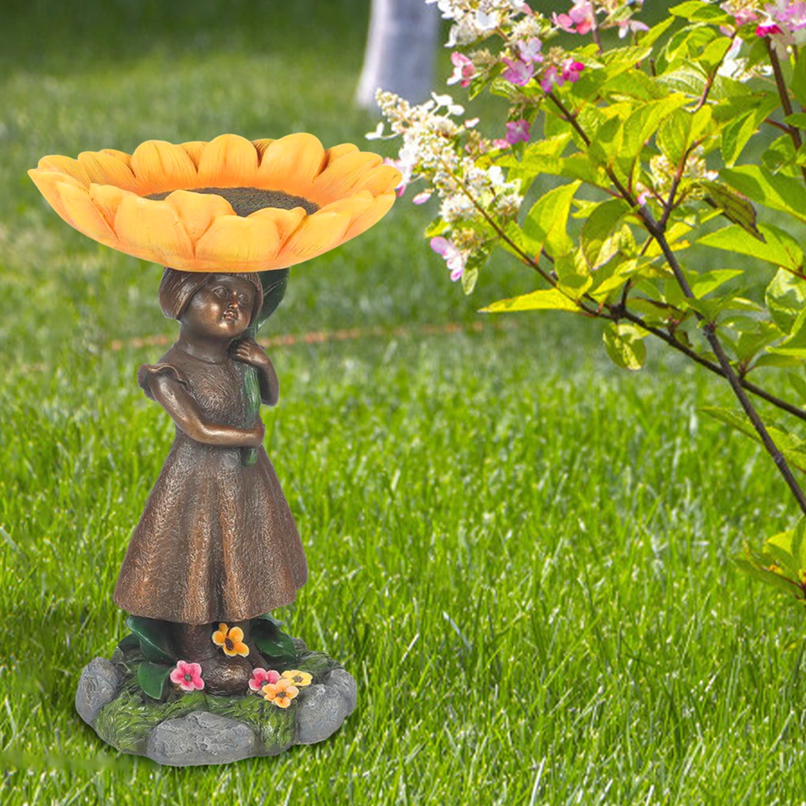 Bird Bath Bowl for Garden, Sunflower Frog Handmade Decoration, Polyresin Big Tree Shape Bird Bath Brown Pedestal Handmade Gifts for Outdoor Home Garden, Yard Lawn Decorations