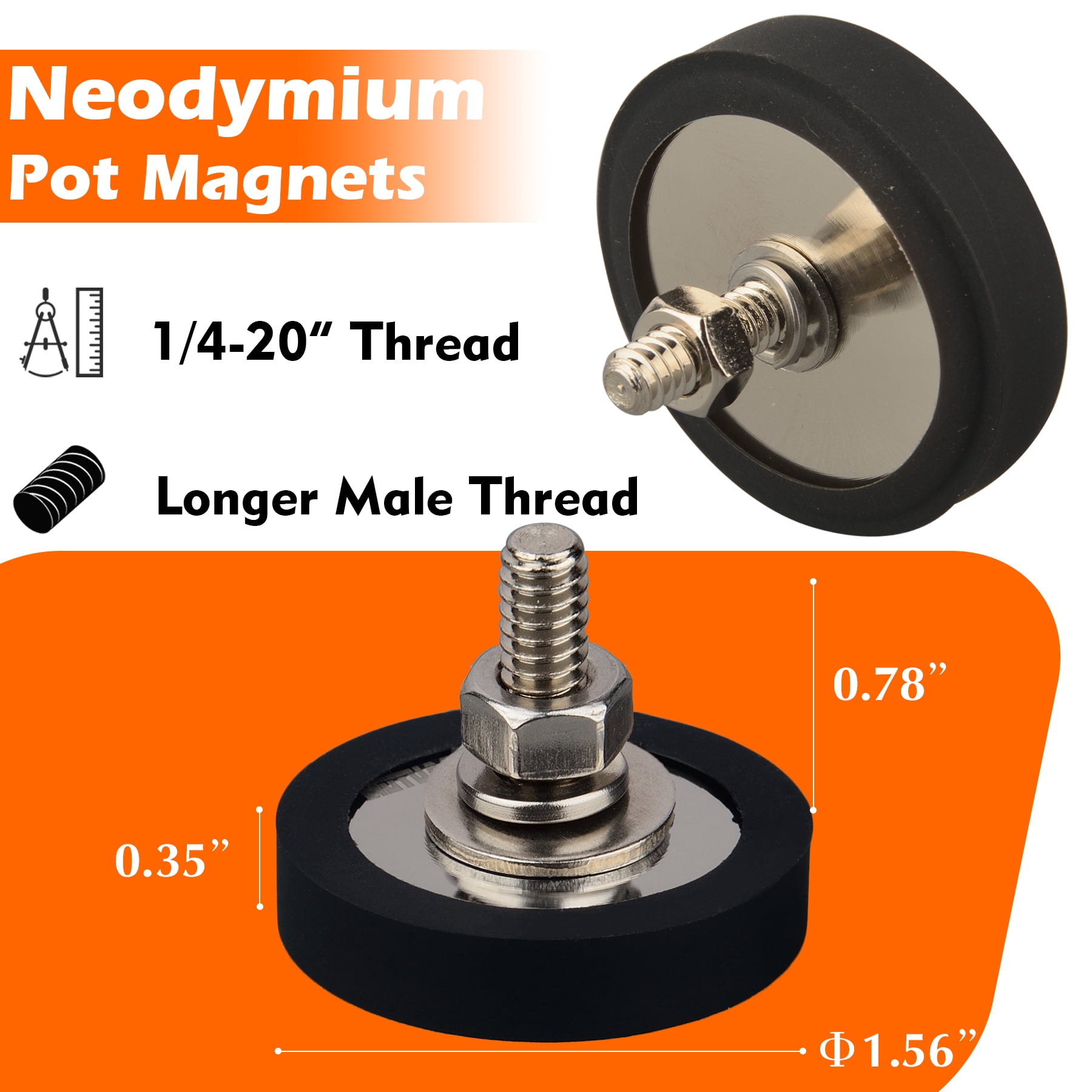 MUTUACTOR 2PCS Super Strong Neodymium Magnets 1/4''-20 Male Threaded Stud,185lbs Heavy Duty Magnets with Anti-Scratch Rubber Cover for Camera,Led Lighting,Tripod,Ball Head,Sensor