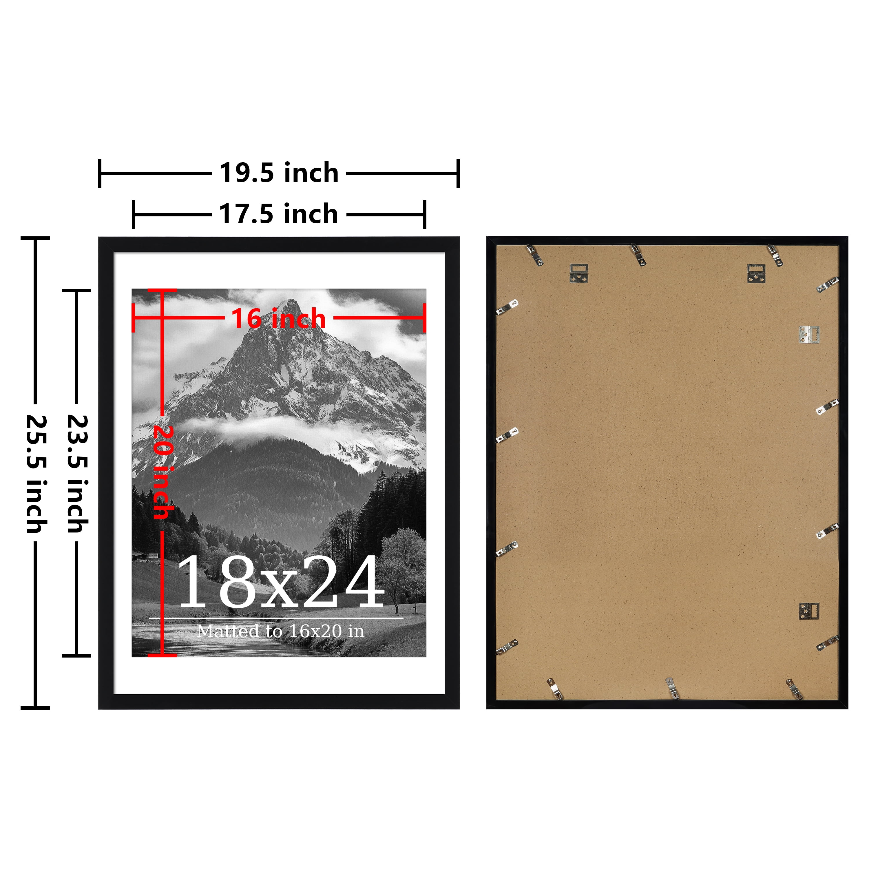 Postrame 18x24 Picture Frame, Black Poster Frame Display Pictures 16x20 with Mat or 18 x 24 Without Mat