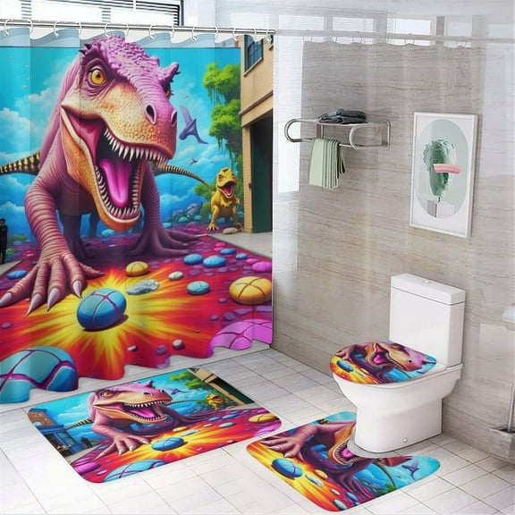 Dinosaur Street Art Illusion Shower Curtain Bathroom Sets Toilet Lid Rug, Bath Mat And Contour Mat, Shower Curtain 4Pcs