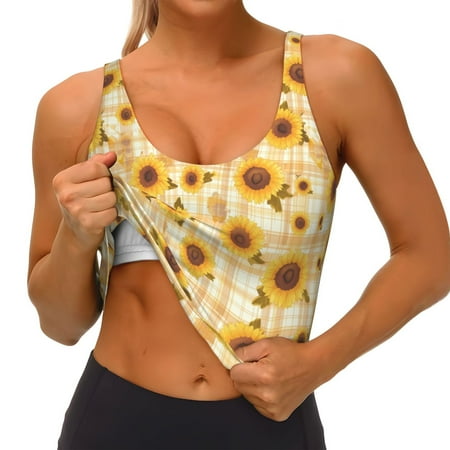 Qokaie Coffee Plaid Sunflower Pattern Womens Scoop Neck Sports Bra Breathable Workout Vest Padded U Back Medium Impact Fitness Gym Yoga Bra Workout Crop Top