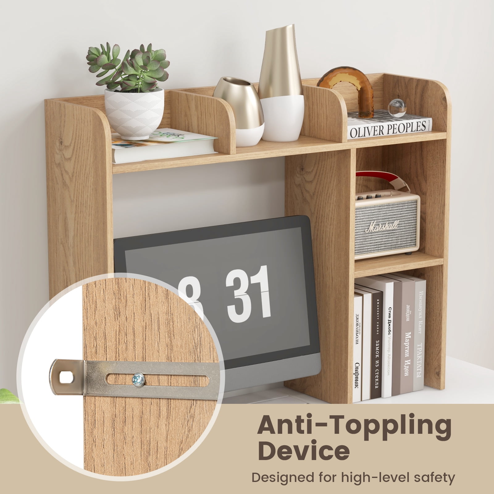 Giantex Desk Bookshelf, Wood Desk Hutch w/5 Shelves, Computer Table Display Rack, Organizer Shelf for Dorm Office Home, Natural