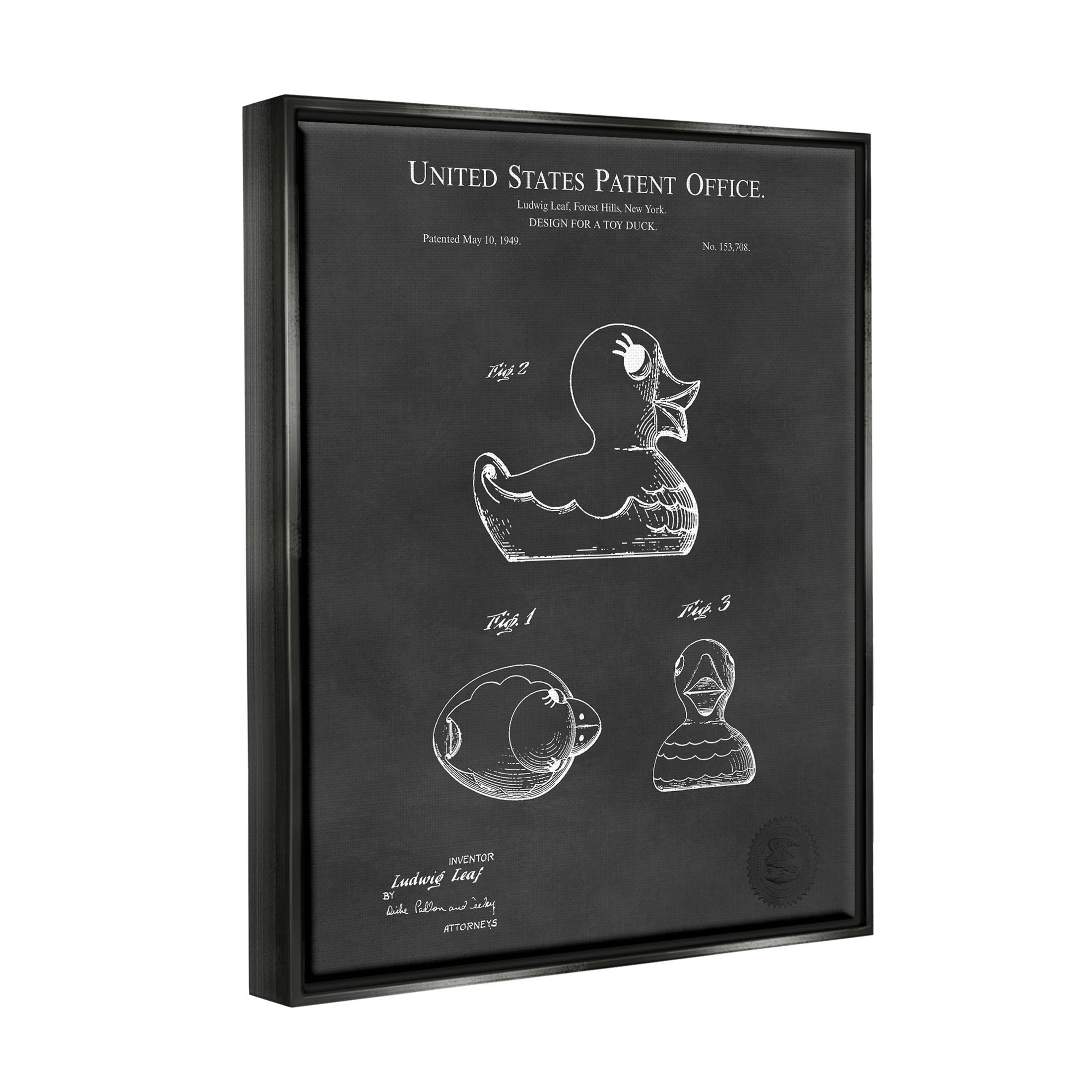 Stupell Industries Retro Duck Toy Blueprint Graphic Art Jet Black Floating Framed Canvas Print Wall Art, Design by Karl Hronek