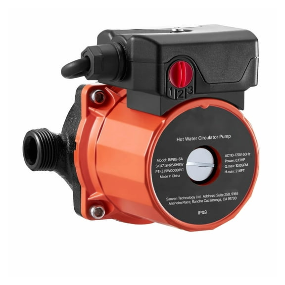 Water Recirculating Pump, 10 GPM Circulation Pump System, 3-Speed, 110-120V, 3/4-1/2 NPT Adapter, Cast Iron, for Water Heater Systems