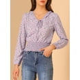 thumbnail image 2 of Top de cintura fruncida Allegra K con cuello con volantes y lazo floral para mujer Morado claro M, 2 of 6