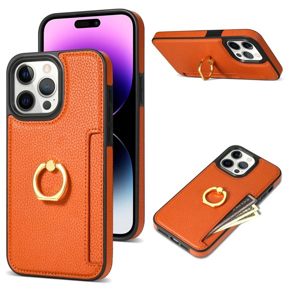 Decase Wallet Case for iPhone 15 Pro Max, Shockproof PU Leather Credit Card Slot with Built-in Rotation Ring Holder Stand Protective Cover Case , orange