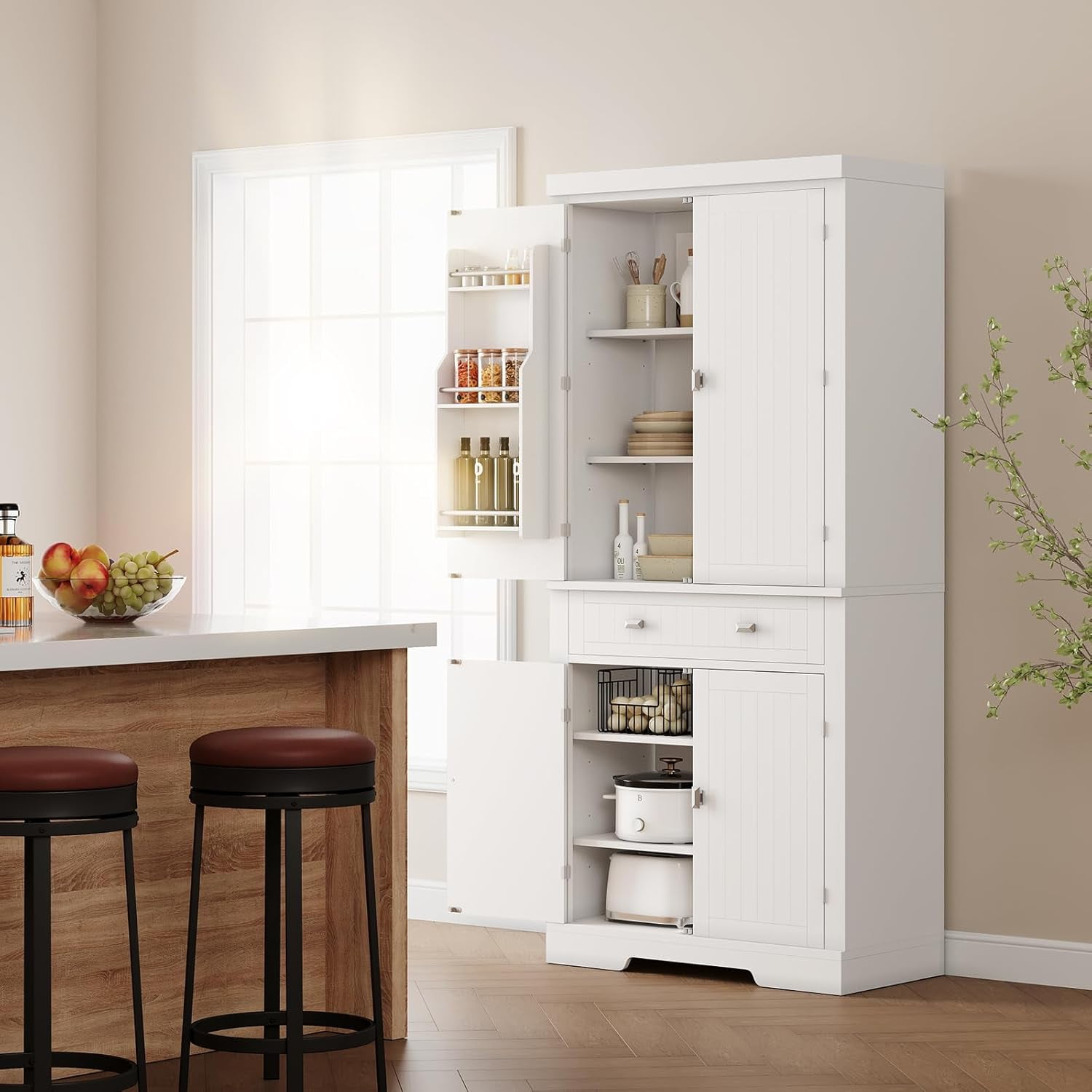 DSstyles 72" Kitchen Pantry Cabinet, Freestanding Tall Storage Cabinet with 6 Door Shelves, 2 Cabinets and 1 Drawer, Pantry Storage Cabinet for Kitchen, Living Room, Dining Room, White