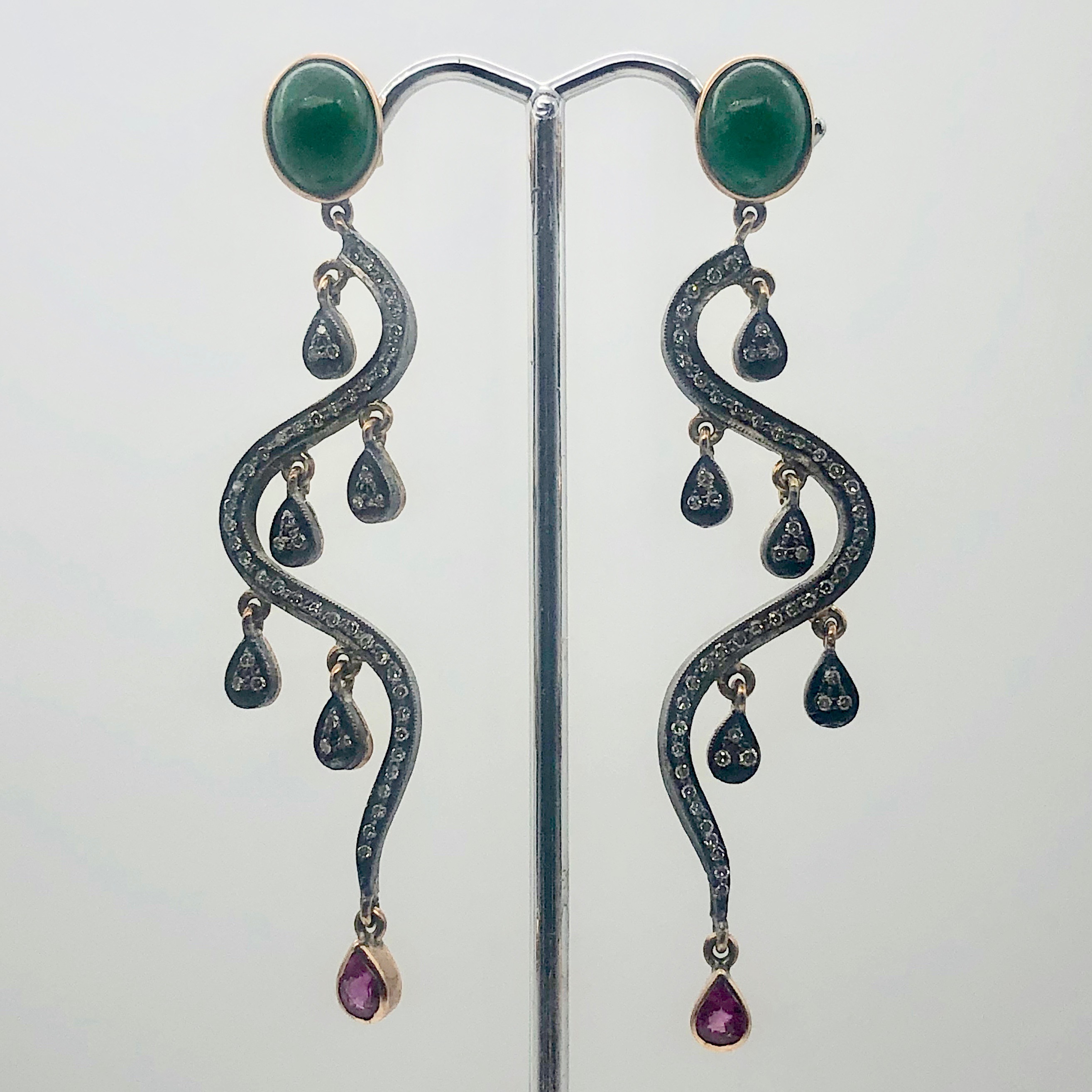 18Kt Gold Earrings Dripping W/ 108 Diamonds Pink Sapphire Emerald | 2.75 inches| - image 1 of 10