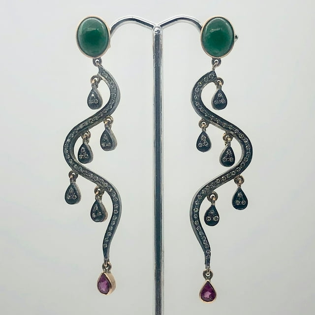 18Kt Gold Earrings Dripping W/ 108 Diamonds Pink Sapphire Emerald | 2.75 inches|