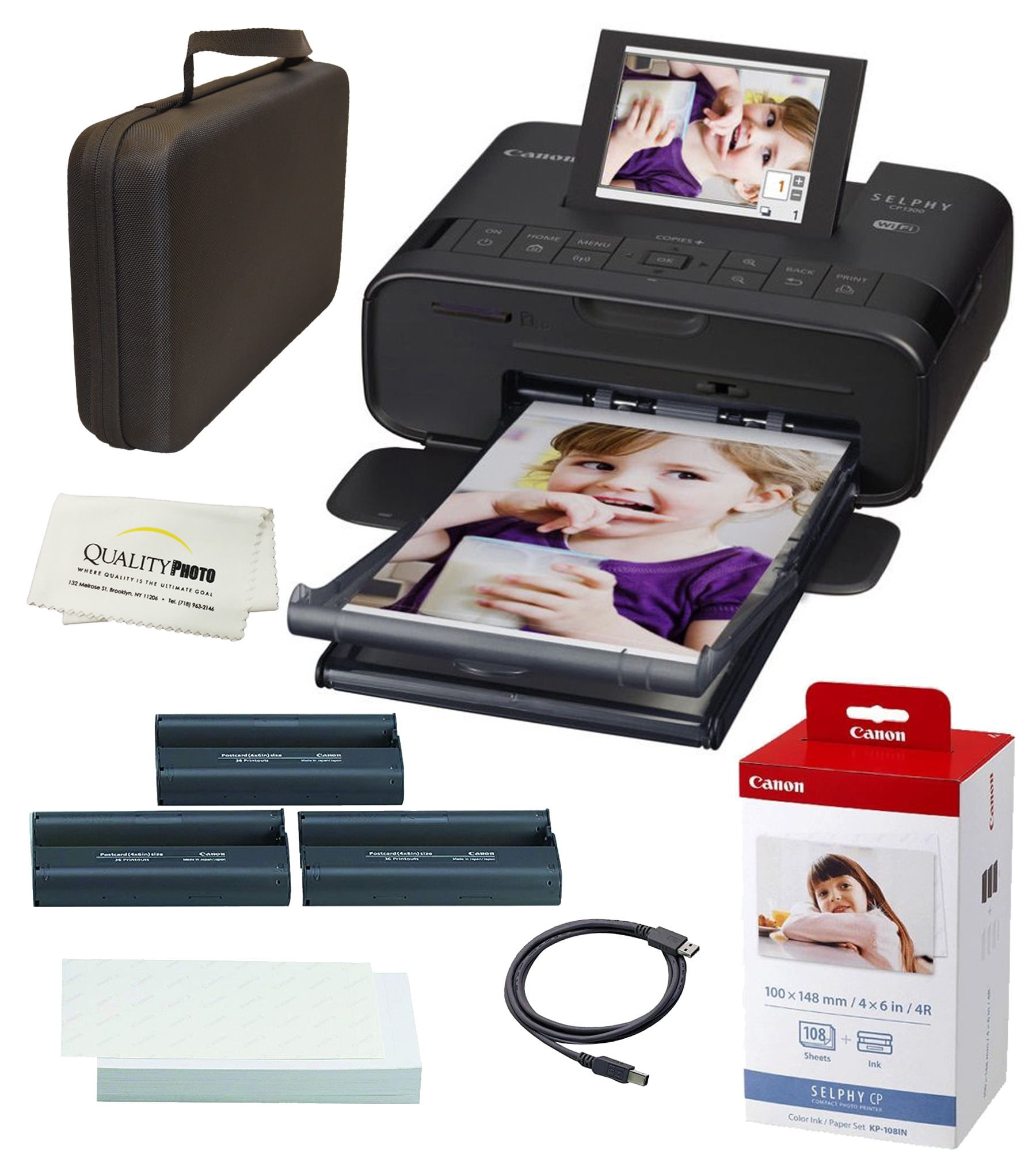 Canon SELPHY CP1300 Wireless Compact Photo Printer With Air Print and  Mopria Device Printing Black With Canon KP108 Paper And Black Hard Case To  Fit 