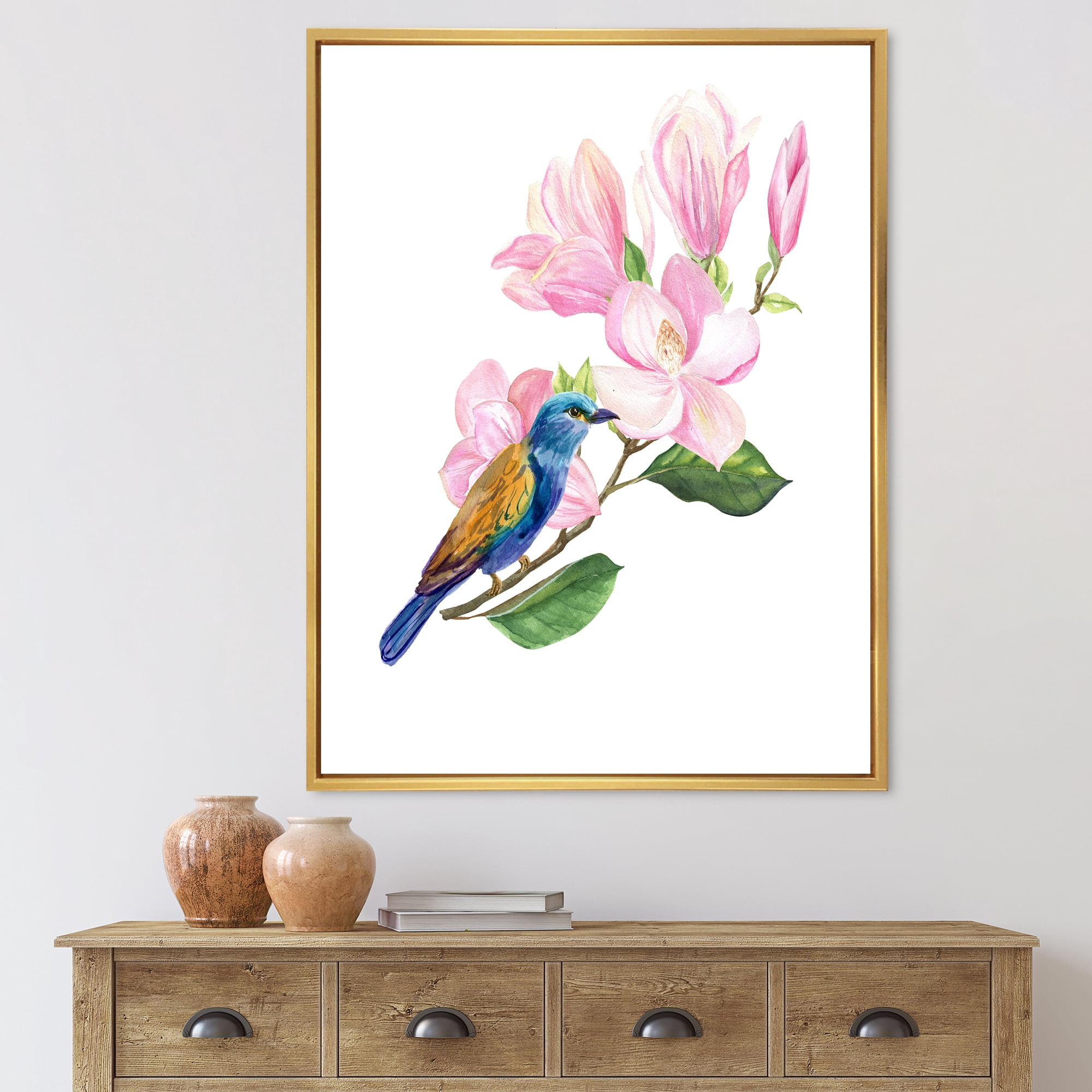 Designart 'Blue Bird Sitting On A Pink Magnolia' Traditional Framed Canvas Wall Art Print