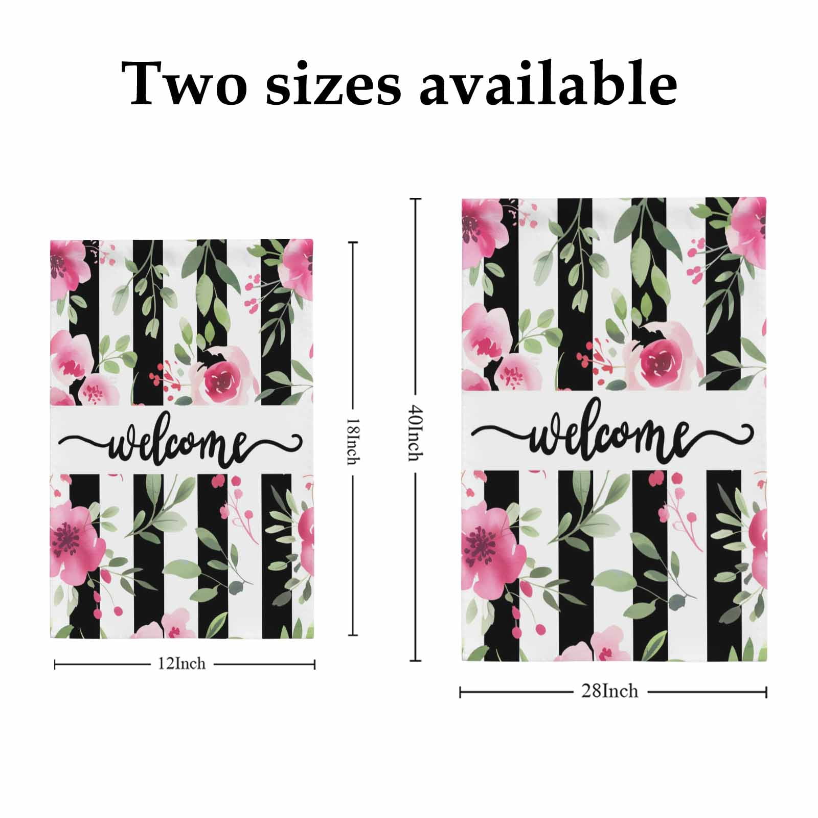 Spring Florals House Flags For Outdoor, Welcome Pink Floral Green Leaf Plack Stripes Small Double Side Yard Flags Weather Proof House Decor for Lawn Outside Holiday 28 x 40 Inches
